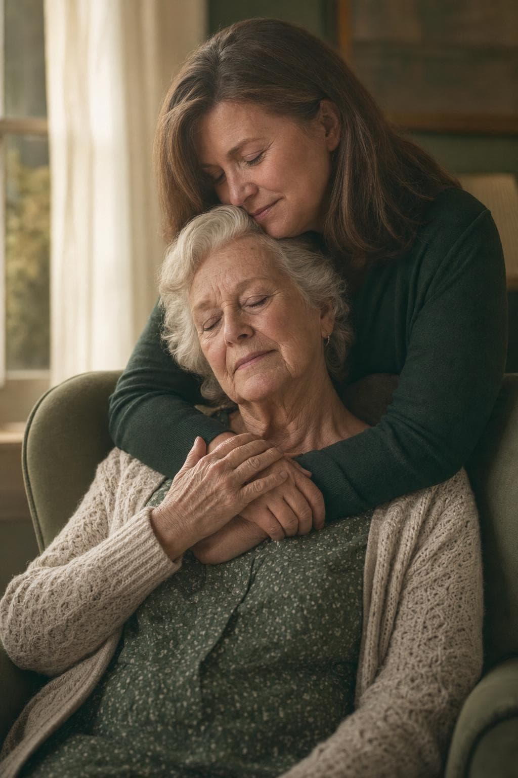 An adult daughter holds her elderly mother close, both with their eyes closed.