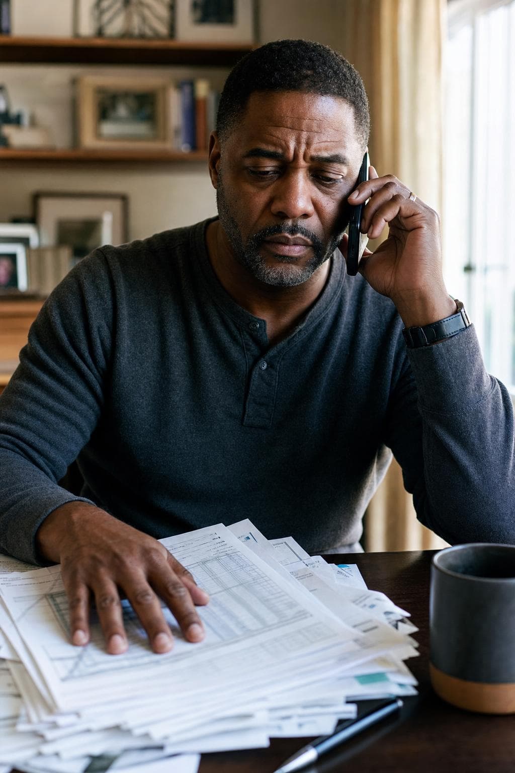 A man sits at home on the phone, one hand resting on a thick stack of statements.