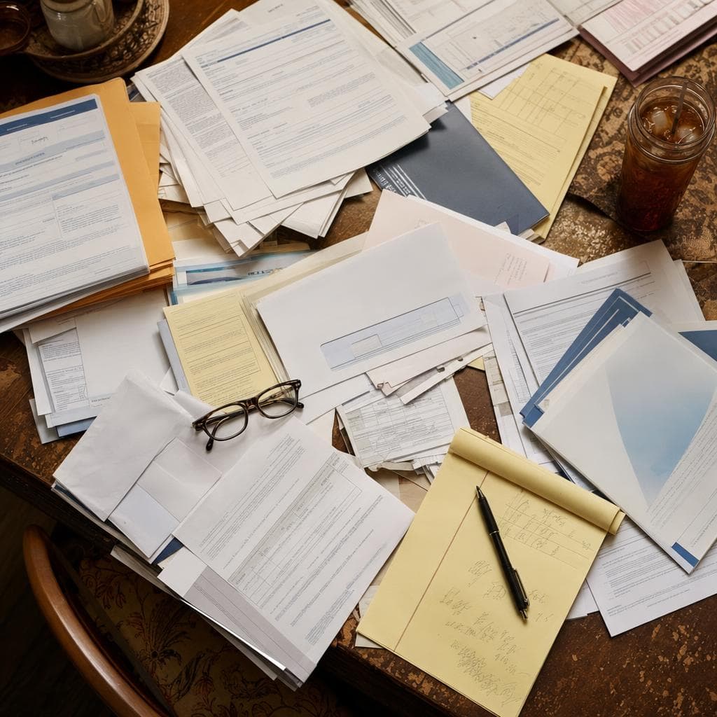 A table buried in medical statements, envelopes and a legal pad.