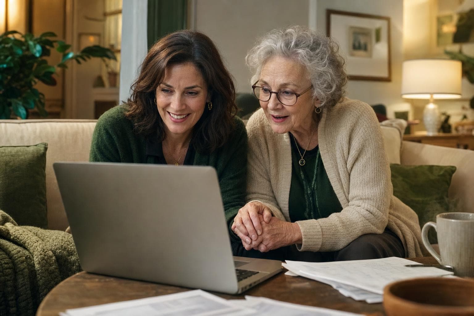An adult daughter and her mother look at a laptop together in a warm, lamplit living room.