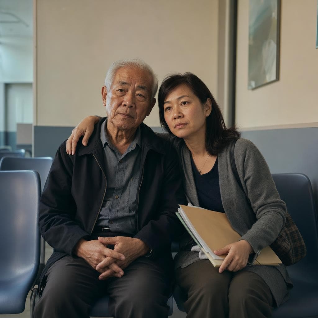 An adult daughter sits with her elderly father in a clinic waiting room, holding a folder of paperwork.